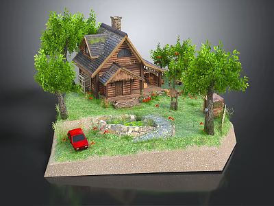 Rustic Log Cabin Surrounded by Green Trees Red Car and Grass Pathway 3d model