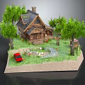 Rustic Log Cabin Surrounded by Green Trees Red Car and Grass Pathway 3d model