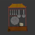 Traditional Chinese Kitchenware Stall With Red Frame Yellow Roof Wooden Cart And Hanging Utensils