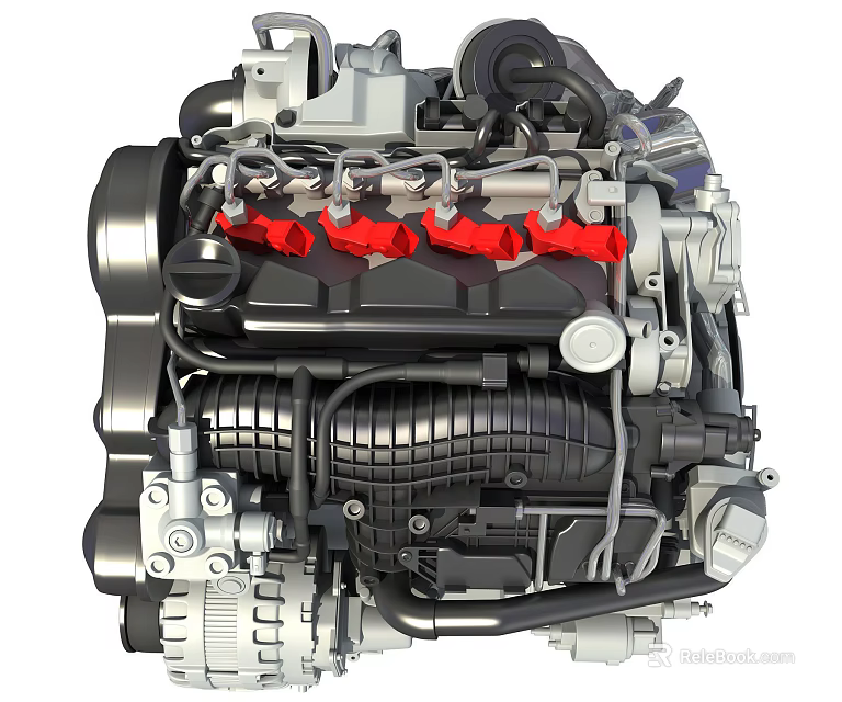 Detailed Mechanical Automotive Engine With Red Components Black Tubing And Metallic Casing 3d model 
