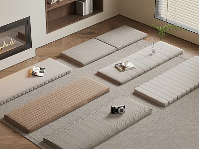 Cozy Japanese Interior With Various Floor Cushions Carpet Wooden Floor Fireplace And Plant 3d model