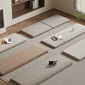 Cozy Japanese Interior With Various Floor Cushions Carpet Wooden Floor Fireplace And Plant