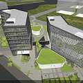 Modern Office Buildings With Glass Curtain Walls Green Roofs And Waterfront Greenery