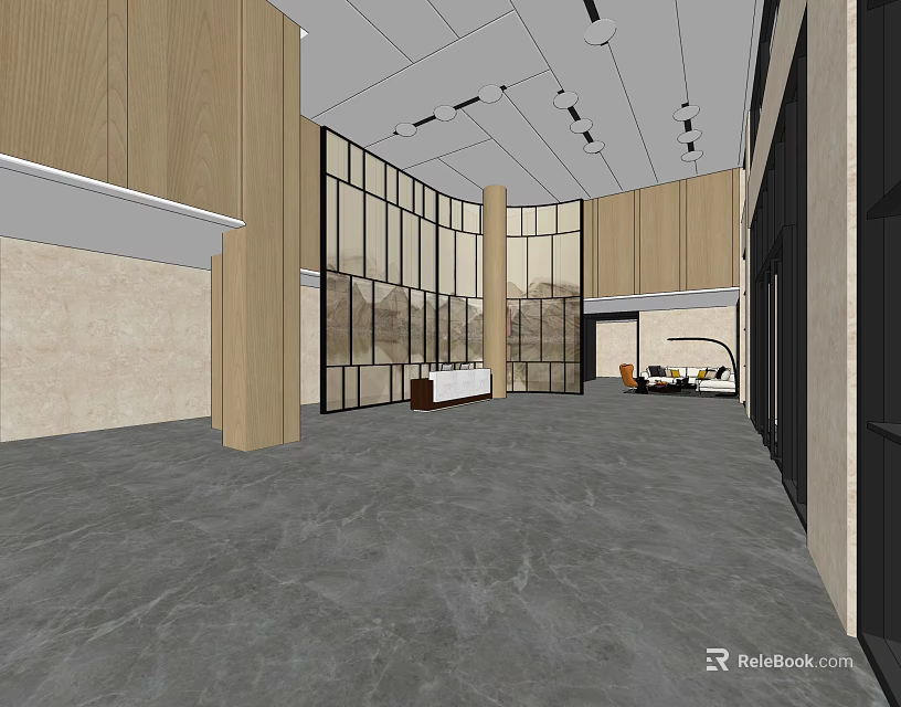 Modern Front Desk Reception Lobby Area With Wooden Panels Large Windows And Office Chairs 3d model 
