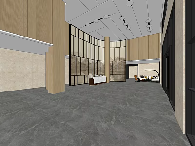 Modern Front Desk Reception Lobby Area With Wooden Panels Large Windows And Office Chairs 3d model