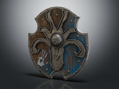 Medieval Decorative Shield With Wooden Metal Build Intricate Carvings And Handprint Detail 3d model