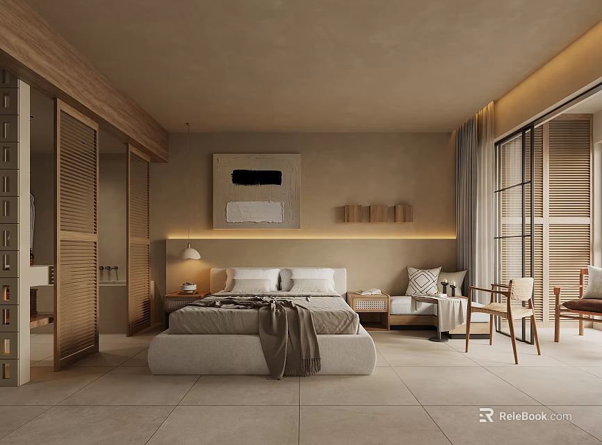 Minimalist Hotel Guest Room With King Bed Armchair Decorative Painting Wooden Accents And Soft Lighting 3d model 