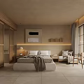 Minimalist Hotel Guest Room With King Bed Armchair Decorative Painting Wooden Accents And Soft Lighting