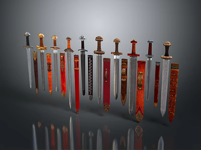 Various Decorative Swords With Ornate Handles And Colorful Blades On 3d model