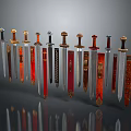 Various Decorative Swords With Ornate Handles And Colorful Blades On