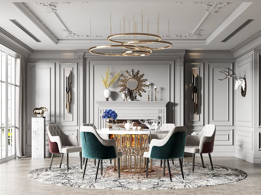 Elegant Modern Restaurant Interior with Golden Circular Chandeliers Gray Paneled Walls Round Table Green Chairs 3d model 