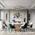 Elegant Modern Restaurant Interior with Golden Circular Chandeliers Gray Paneled Walls Round Table Green Chairs