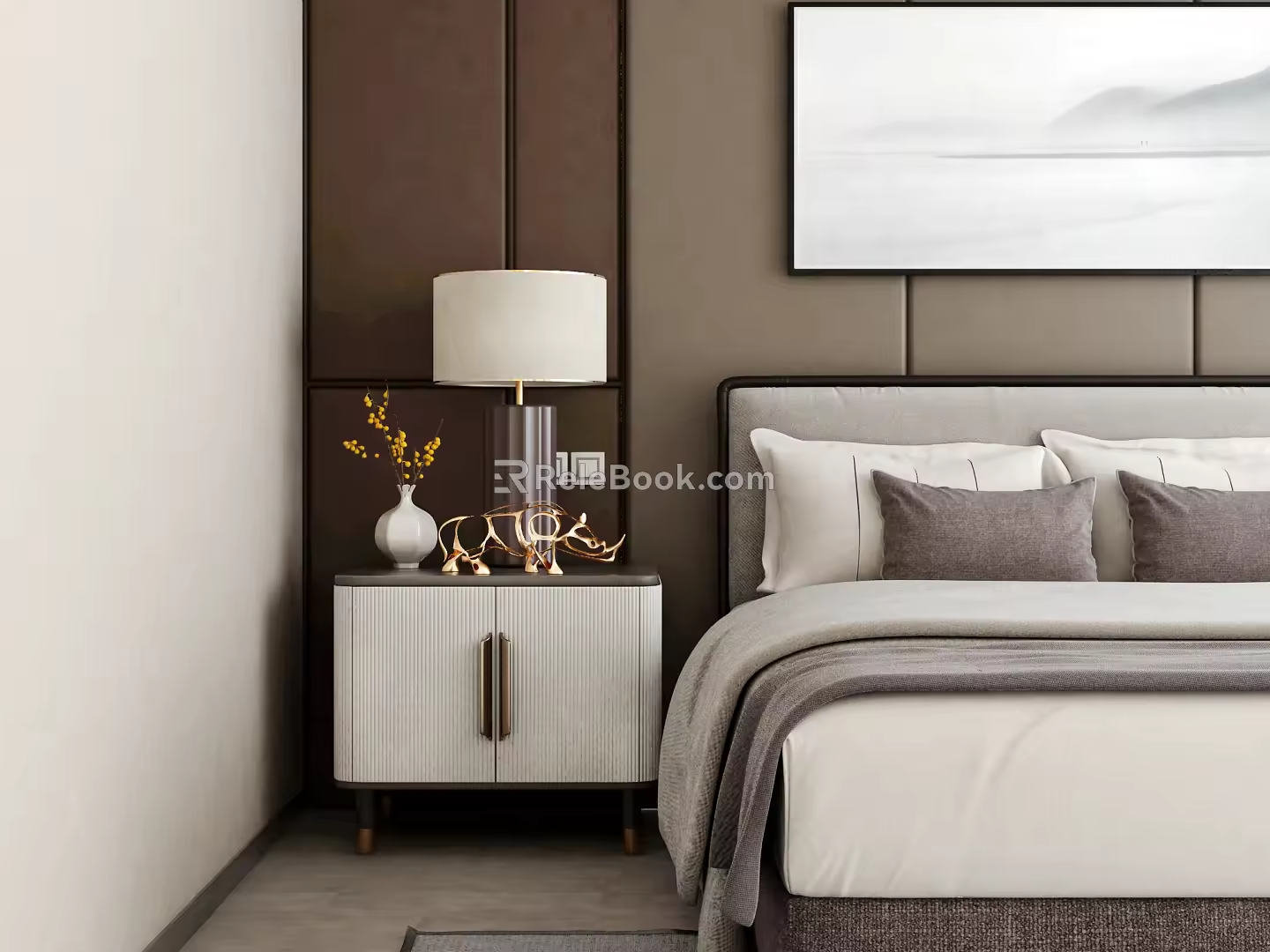 Modern background double bed double bedside table combination 3d model