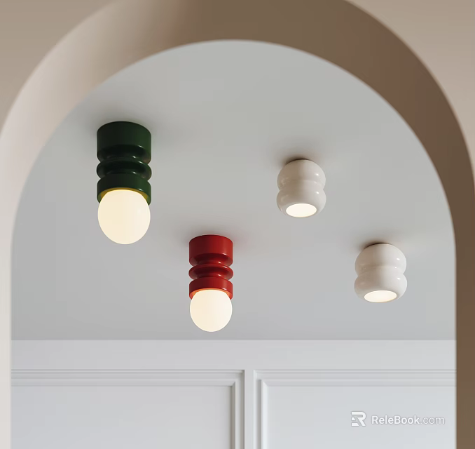 Stylish Green Red and White Ceiling Lights on White Arched Interior Ceiling 3d model
