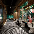 Elegant Restaurant Interior With Wooden Ceiling Green Plant Decor And Colorful Furniture