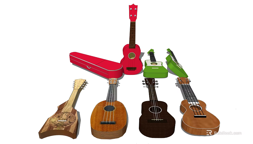Collection of Different Colored Wooden Ukuleles with Protective Cases and Unique Designs 3d model 