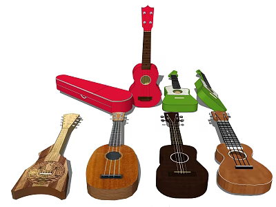 Collection of Different Colored Wooden Ukuleles with Protective Cases and Unique Designs 3d model