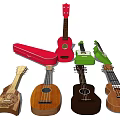 Collection of Different Colored Wooden Ukuleles with Protective Cases and Unique Designs