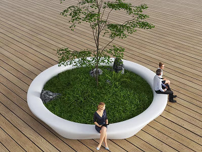 Tree Planter with Circular Bench Grass Stones and People Sitting on Wooden Deck 3d model