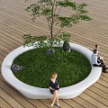 Tree Planter with Circular Bench Grass Stones and People Sitting on Wooden Deck