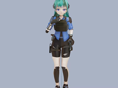 Woman with Green Hair and Blue Eyes in Blue Top Black Shorts and Tactical Gear 3d model
