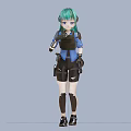 Woman with Green Hair and Blue Eyes in Blue Top Black Shorts and Tactical Gear