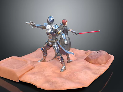 Game Movie Characters in Silver Armor and Red Hair with Red Lightsaber on Orange Ground 3d model
