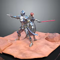 Game Movie Characters in Silver Armor and Red Hair with Red Lightsaber on Orange Ground