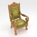Classic Armchair with Golden Carved Frame Green Floral Pattern Upholstery on Backrest and Seat