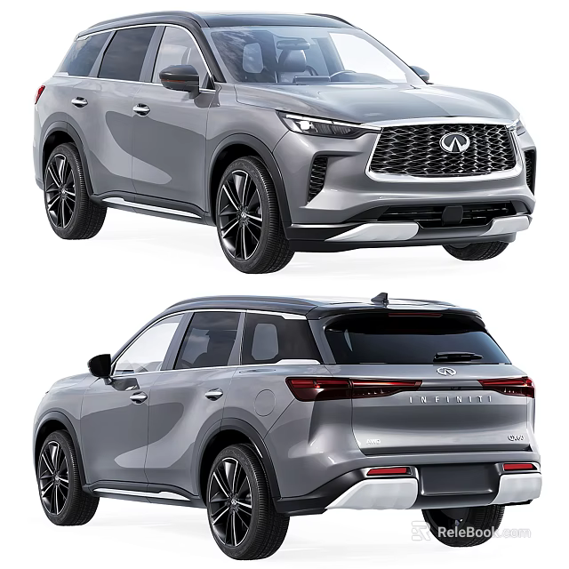 Silver Infiniti SUV Front and Rear Exterior Design With Grille Headlights and Taillights 3d model 