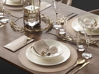 Elegant Modern Dining Tableware Set With White Plates Golden Cutlery And Beige Napkins 3d model