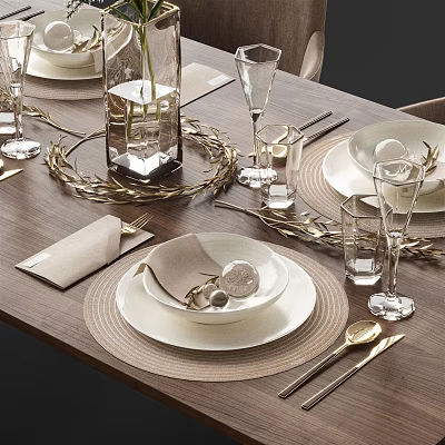 Elegant Modern Dining Tableware Set With White Plates Golden Cutlery And Beige Napkins 3d model