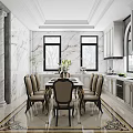Elegant Kitchen Interior With White Cabinets Marble Countertops And Dining Table Chairs 3d model
