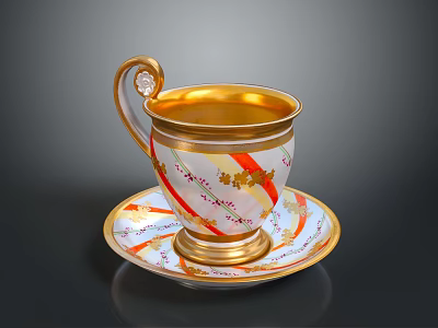 Elegant Porcelain Teacup With Saucer Gold Rim Colorful Patterns And Decorative Handle 3d model