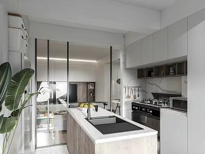 Modern Bright Minimalist Kitchen With Central Island And Fully Functional Built In Cabinets And Appliances 3d model