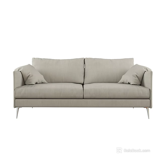 Modern Light Gray Fabric Two Seater Sofa With Metal Legs And Accent Pillows 3d model 