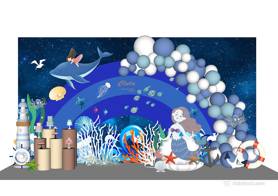 Ocean Themed Event Entrance With Whale Balloons Mermaid And Coral Decorations 3d model 