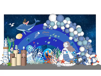 Ocean Themed Event Entrance With Whale Balloons Mermaid And Coral Decorations 3d model