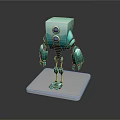 3D Light Blue Robot Model With Cubic Head Round Eyes And White Base