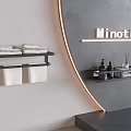 Wall Mounted Shelves on Gray Wall with Folded Towels White Containers Toiletries and Minotti Sign