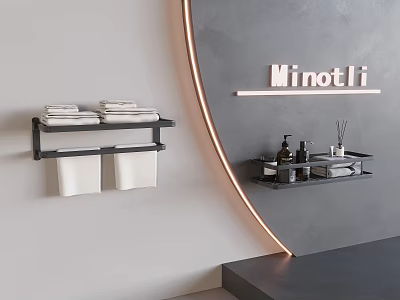 Wall Mounted Shelves on Gray Wall with Folded Towels White Containers Toiletries and Minotti Sign 3d model