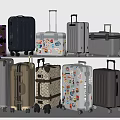 Various Design Suitcases With Different Colors Stickers Wheels And Telescopic Handles Displayed