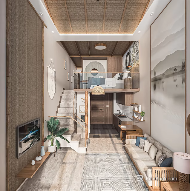 Modern Hotel Room Interior With Staircase Sofa Wall Art And Pendant Light 3d model 
