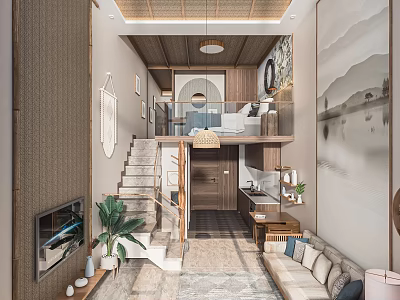 Modern Hotel Room Interior With Staircase Sofa Wall Art And Pendant Light 3d model