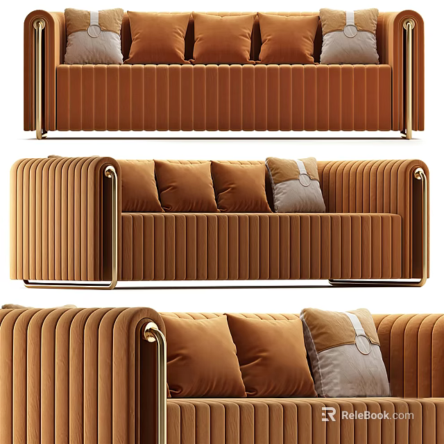 Brown Striped Velvet Sectional Sofa With Gold Metal Armrests And Decorative Cushions 3d model 