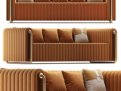 Brown Striped Velvet Sectional Sofa With Gold Metal Armrests And Decorative Cushions 3d model