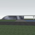 Modern Sales Center Building with Curved Glass Facade and Water Pool in Green Landscape Area