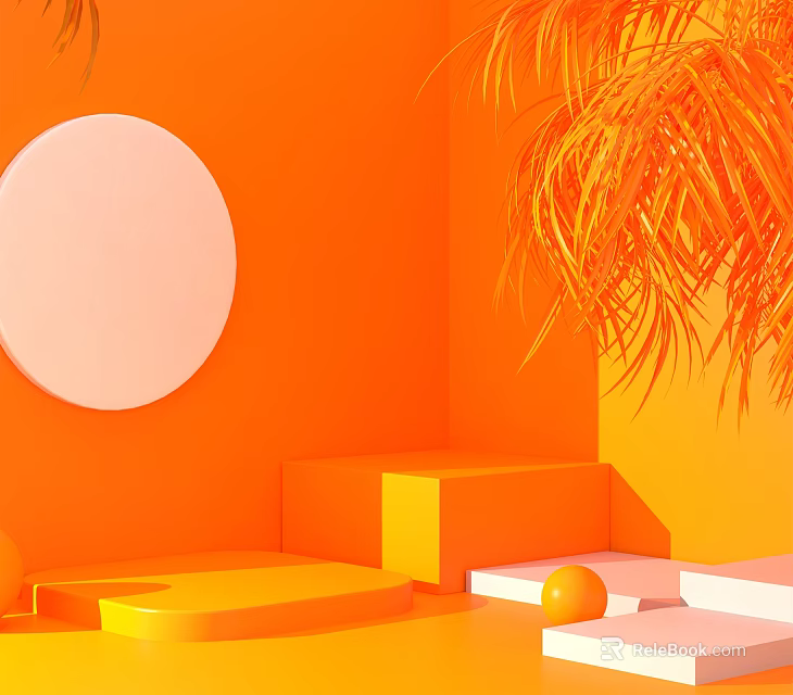 Orange Themed Display Platform With Circular Panel Palm Leaves And Geometric Steps 3d model