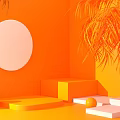 Orange Themed Display Platform With Circular Panel Palm Leaves And Geometric Steps 3d model