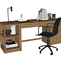 Wooden Desk With Black Chair Table Lamp Books Laptop And Shelf